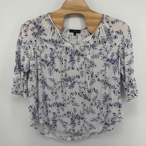FRED DAVID Women's White Blue‎ Floral Print Tie Neck 3/4 Sleeve Blouse Top 2X